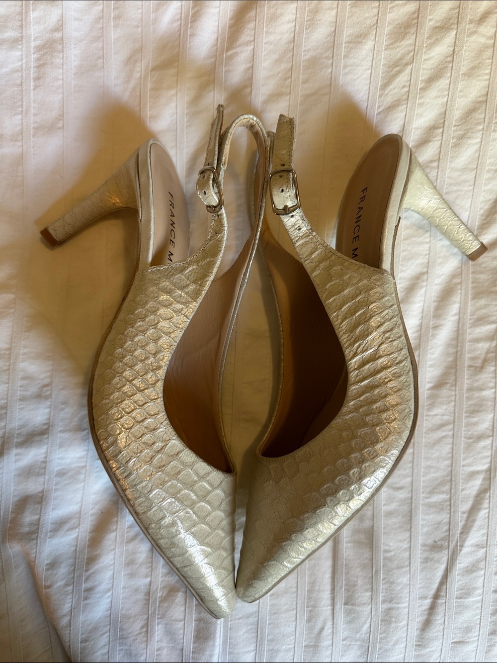Metallic White/light Silver Slingback Pointed Toe Heels